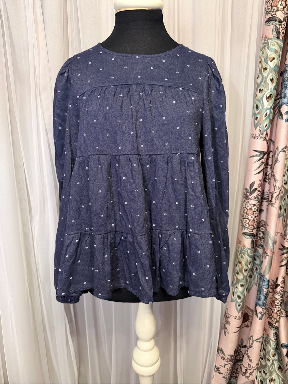 ✨ Blu Pepper Navy Tiered Babydoll Blouse Small Boho Cottagecore ✨